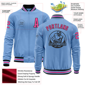 Custom Light Blue Pink-Black Bomber Varsity Letterman Zipper Jacket