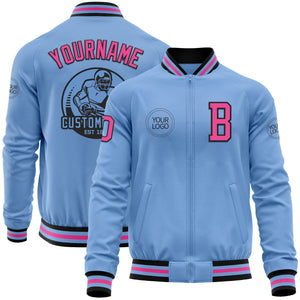 Custom Light Blue Pink-Black Bomber Varsity Letterman Zipper Jacket