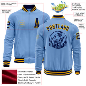 Custom Light Blue Navy-Gold Bomber Varsity Letterman Zipper Jacket