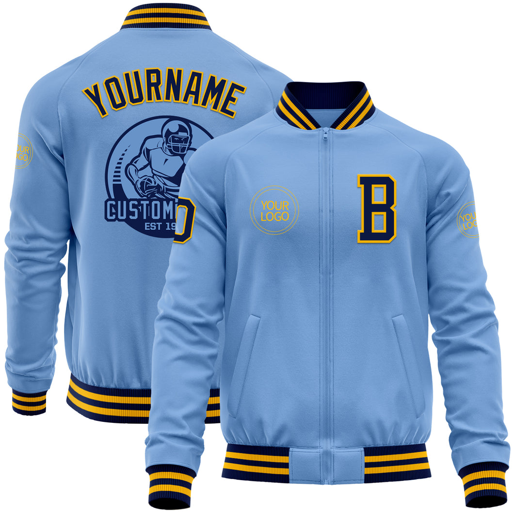 Custom Light Blue Navy-Gold Bomber Varsity Letterman Zipper Jacket