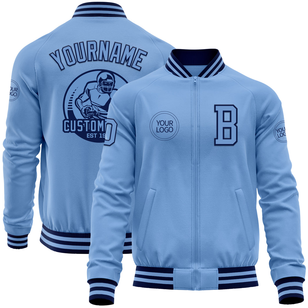 Custom Light Blue Navy Bomber Varsity Letterman Zipper Jacket