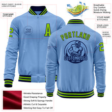 Load image into Gallery viewer, Custom Light Blue Neon Green-Navy Bomber Varsity Letterman Zipper Jacket
