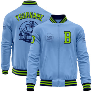 Custom Light Blue Neon Green-Navy Bomber Varsity Letterman Zipper Jacket