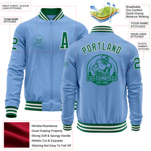 Custom Light Blue Kelly Green-White Bomber Varsity Letterman Zipper Jacket