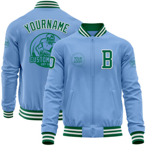 Custom Light Blue Kelly Green-White Bomber Varsity Letterman Zipper Jacket