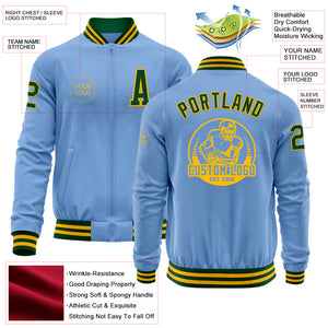 Custom Light Blue Green-Gold Bomber Varsity Letterman Zipper Jacket