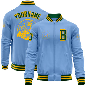 Custom Light Blue Green-Gold Bomber Varsity Letterman Zipper Jacket