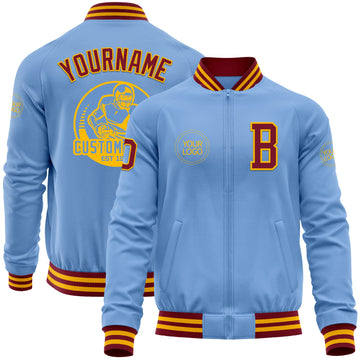 Custom Light Blue Crimson-Gold Bomber Varsity Letterman Zipper Jacket