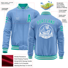 Load image into Gallery viewer, Custom Light Blue Aqua-White Bomber Varsity Letterman Zipper Jacket
