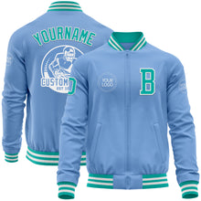 Load image into Gallery viewer, Custom Light Blue Aqua-White Bomber Varsity Letterman Zipper Jacket
