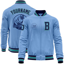 Load image into Gallery viewer, Custom Light Blue Navy Gray-Teal Bomber Varsity Letterman Zipper Jacket
