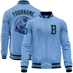 Custom Light Blue Navy Gray-Teal Bomber Varsity Letterman Zipper Jacket