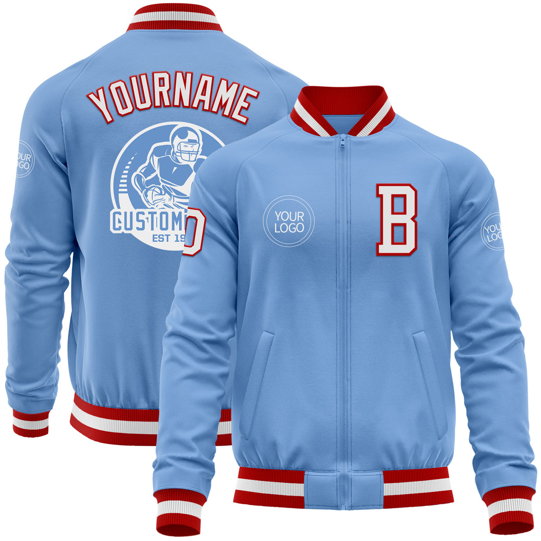 Custom Light Blue White-Red Bomber Varsity Letterman Zipper Jacket