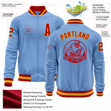 Load image into Gallery viewer, Custom Light Blue Red-Gold Bomber Varsity Letterman Zipper Jacket
