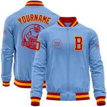 Load image into Gallery viewer, Custom Light Blue Red-Gold Bomber Varsity Letterman Zipper Jacket
