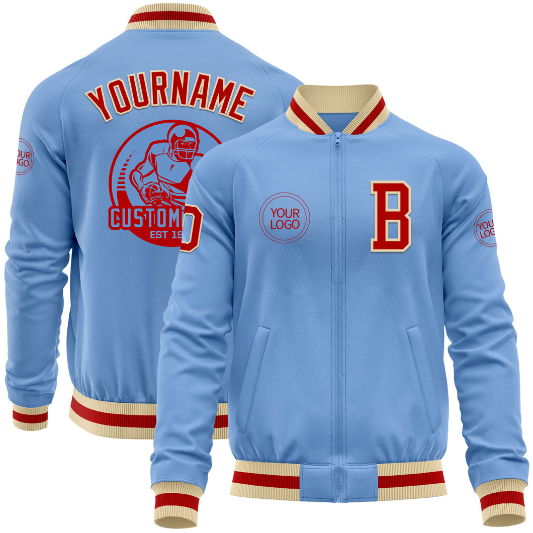 Custom Light Blue Red-Cream Bomber Varsity Letterman Zipper Jacket