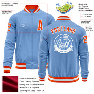 Custom Light Blue Orange-White Bomber Varsity Letterman Zipper Jacket