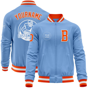 Custom Light Blue Orange-White Bomber Varsity Letterman Zipper Jacket