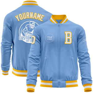 Custom Light Blue White-Gold Bomber Varsity Letterman Zipper Jacket