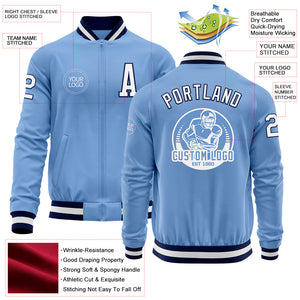 Custom Light Blue White-Navy Bomber Varsity Letterman Zipper Jacket