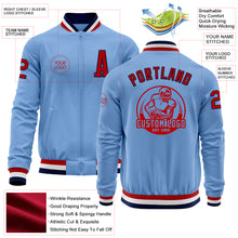 Load image into Gallery viewer, Custom Light Blue Red-Navy Bomber Varsity Letterman Zipper Jacket
