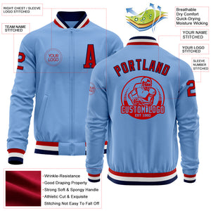 Custom Light Blue Red-Navy Bomber Varsity Letterman Zipper Jacket