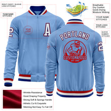 Load image into Gallery viewer, Custom Light Blue Royal-Red Bomber Varsity Letterman Zipper Jacket
