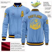 Load image into Gallery viewer, Custom Light Blue Gold-Navy Bomber Varsity Letterman Zipper Jacket
