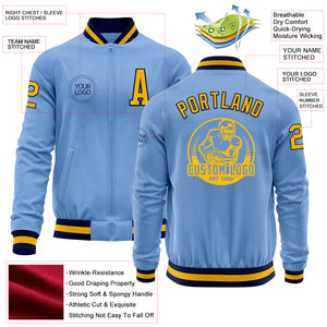 Custom Light Blue Gold-Navy Bomber Varsity Letterman Zipper Jacket