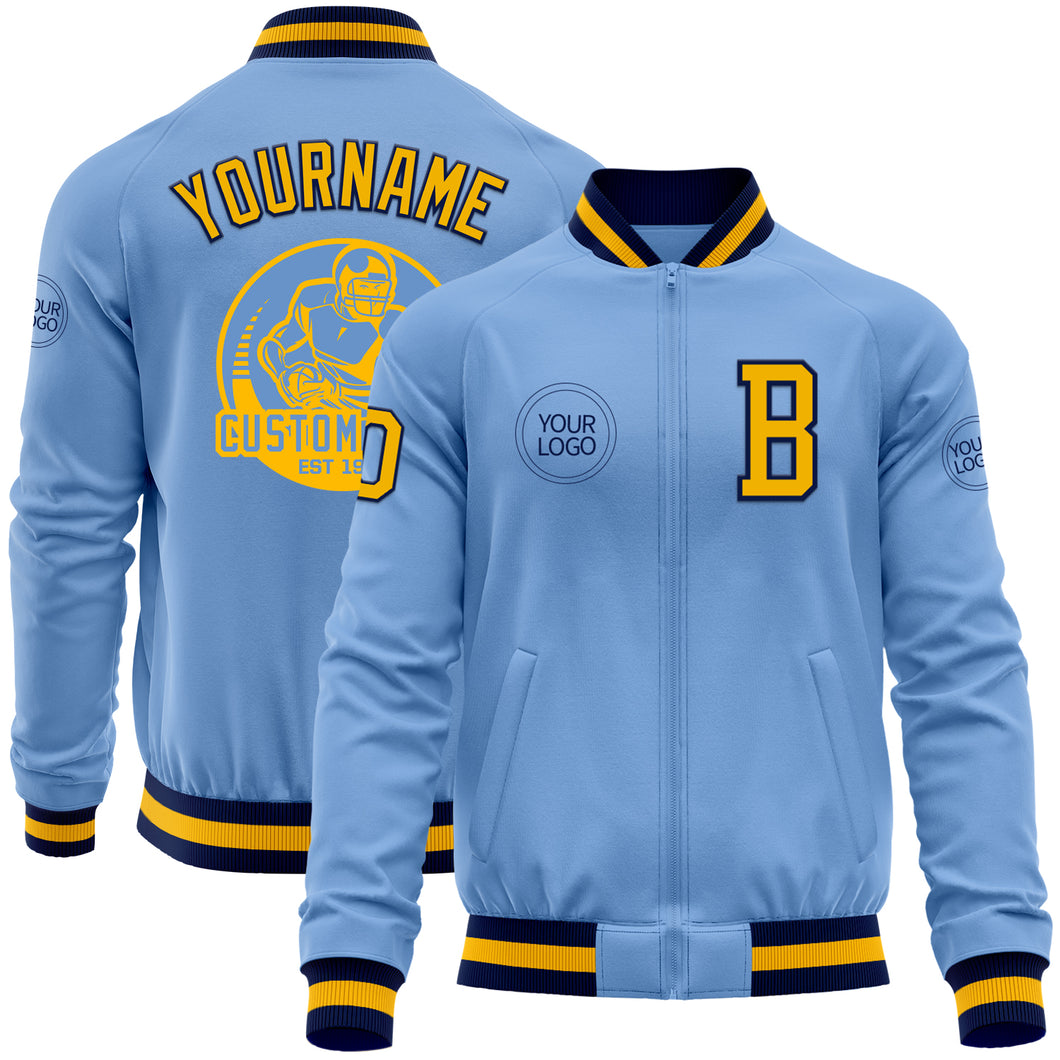 Custom Light Blue Gold-Navy Bomber Varsity Letterman Zipper Jacket