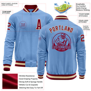 Custom Light Blue Maroon-Cream Bomber Varsity Letterman Zipper Jacket