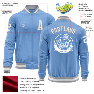 Custom Light Blue White-Gray Bomber Varsity Letterman Zipper Jacket