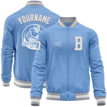 Custom Light Blue White-Gray Bomber Varsity Letterman Zipper Jacket