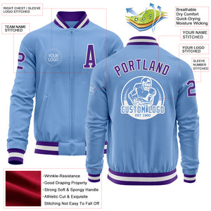 Custom Light Blue Purple-White Bomber Varsity Letterman Zipper Jacket