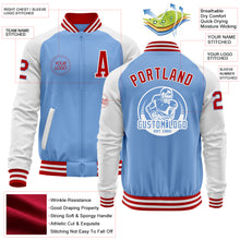 Load image into Gallery viewer, Custom Light Blue Red-White Bomber Varsity Letterman Two Tone Zipper Jacket
