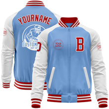 Load image into Gallery viewer, Custom Light Blue Red-White Bomber Varsity Letterman Two Tone Zipper Jacket
