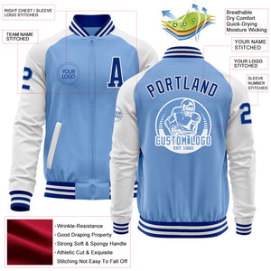 Custom Light Blue Royal-White Bomber Varsity Letterman Two Tone Zipper Jacket