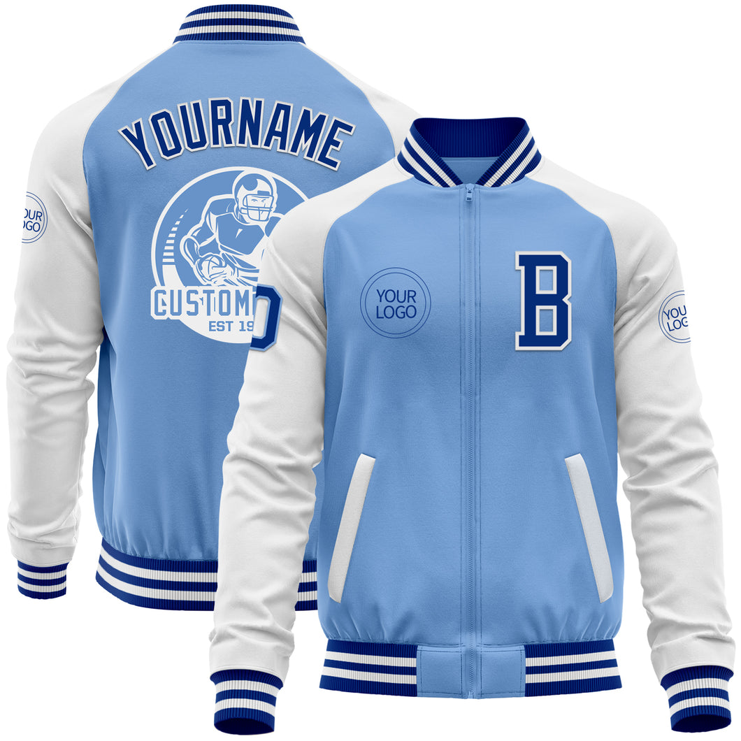 Custom Light Blue Royal-White Bomber Varsity Letterman Two Tone Zipper Jacket