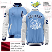 Load image into Gallery viewer, Custom Light Blue Navy-White Bomber Varsity Letterman Two Tone Zipper Jacket
