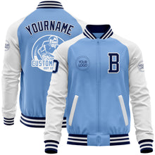 Load image into Gallery viewer, Custom Light Blue Navy-White Bomber Varsity Letterman Two Tone Zipper Jacket
