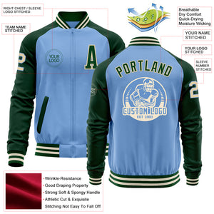 Custom Light Blue Cream-Green Bomber Varsity Letterman Two Tone Zipper Jacket