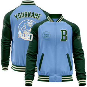 Custom Light Blue Cream-Green Bomber Varsity Letterman Two Tone Zipper Jacket