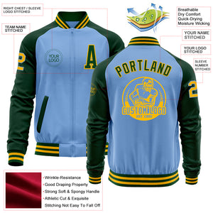 Custom Light Blue Gold-Green Bomber Varsity Letterman Two Tone Zipper Jacket