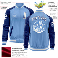 Load image into Gallery viewer, Custom Light Blue White-Royal Bomber Varsity Letterman Two Tone Zipper Jacket
