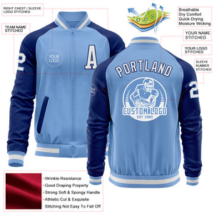 Custom Light Blue White-Royal Bomber Varsity Letterman Two Tone Zipper Jacket