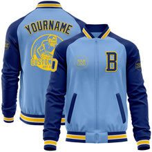 Load image into Gallery viewer, Custom Light Blue Yellow-Royal Bomber Varsity Letterman Two Tone Zipper Jacket
