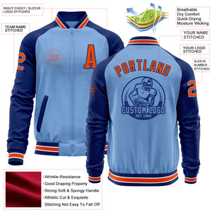 Custom Light Blue Orange-Royal Bomber Varsity Letterman Two Tone Zipper Jacket