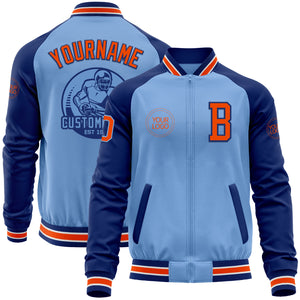 Custom Light Blue Orange-Royal Bomber Varsity Letterman Two Tone Zipper Jacket