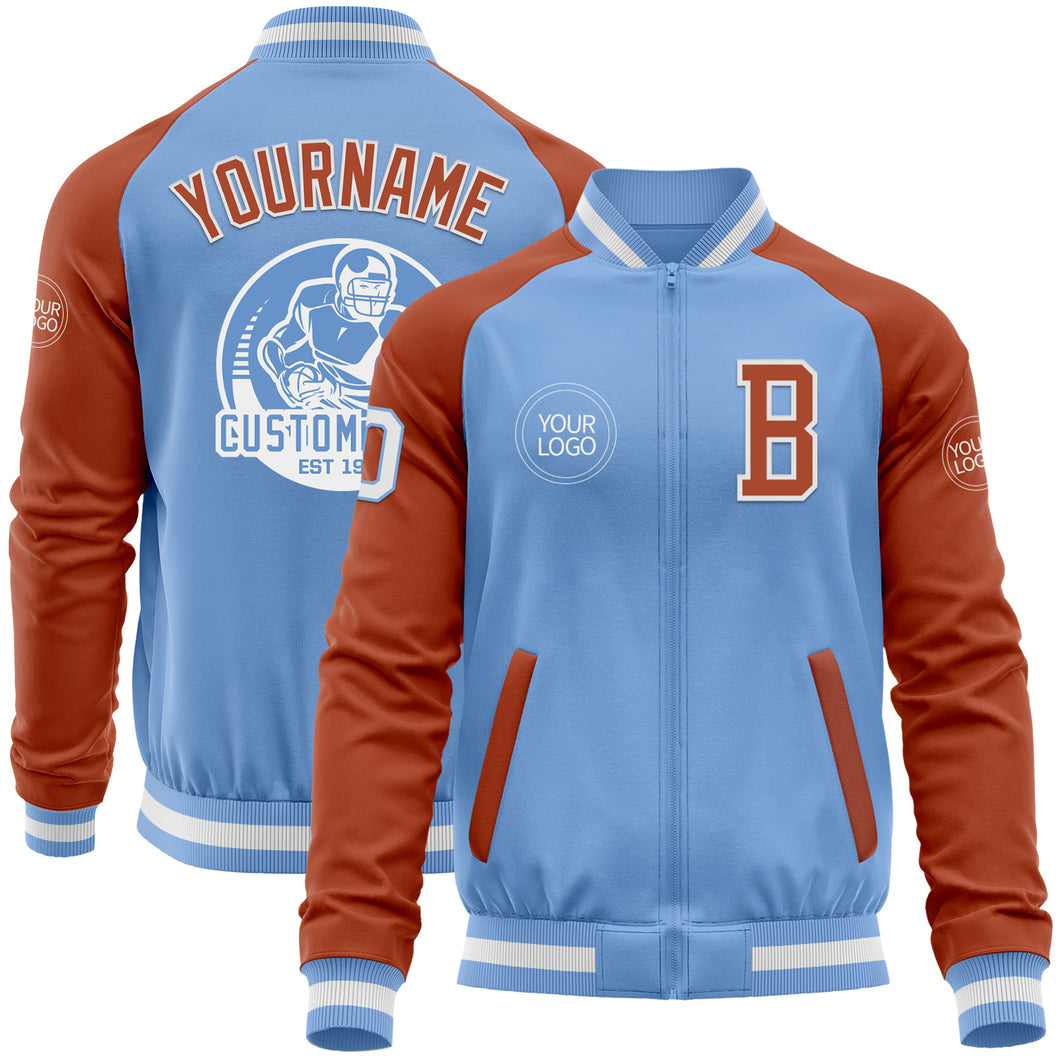 Custom Light Blue White-Texas Orange Bomber Varsity Letterman Two Tone Zipper Jacket