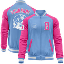 Load image into Gallery viewer, Custom Light Blue White-Pink Bomber Varsity Letterman Two Tone Zipper Jacket
